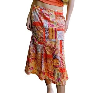 NWT Vintage Y2K Whimsy Cottage Orange Paisley Floral Patchwork Midi Skirt